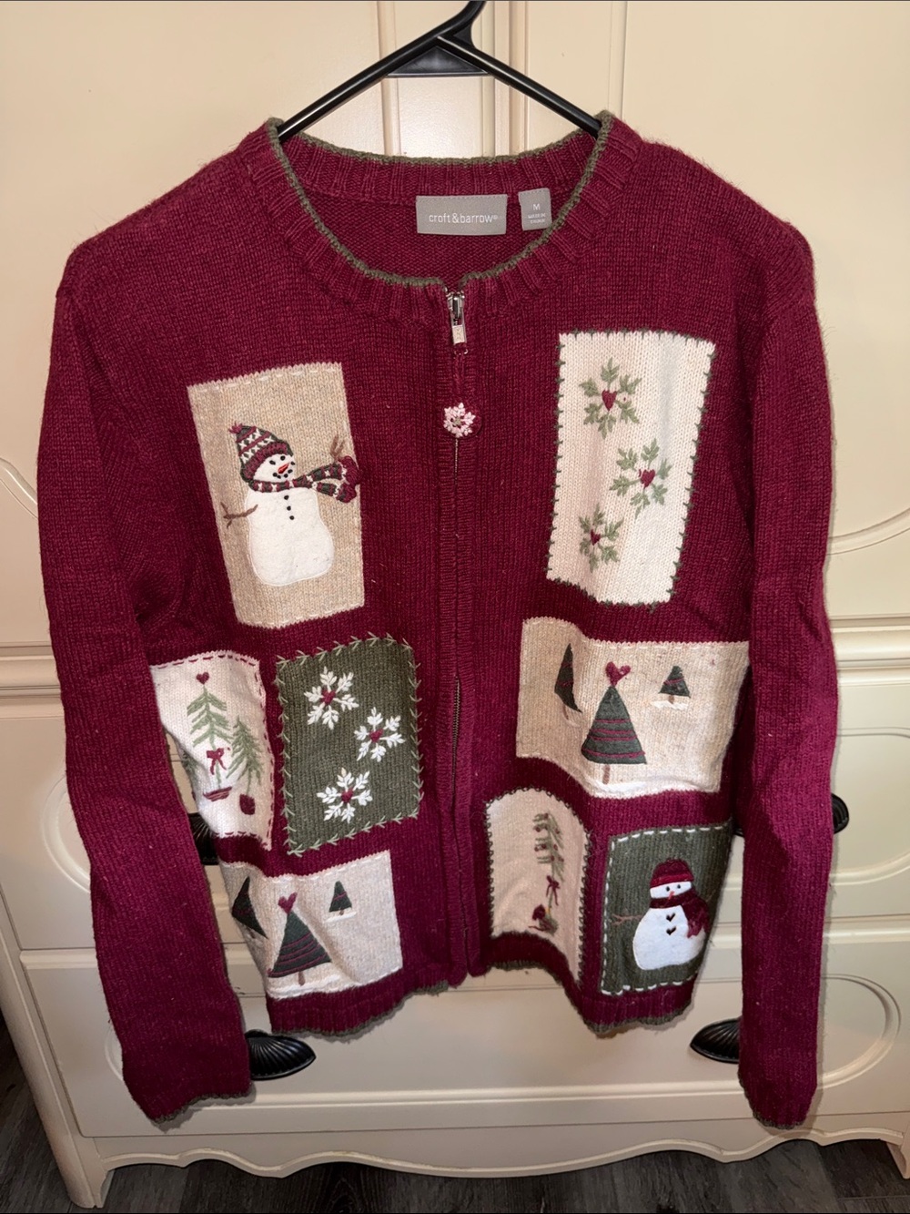 croft & barrow Burgundy Patchwork Holiday Zip Cardigan